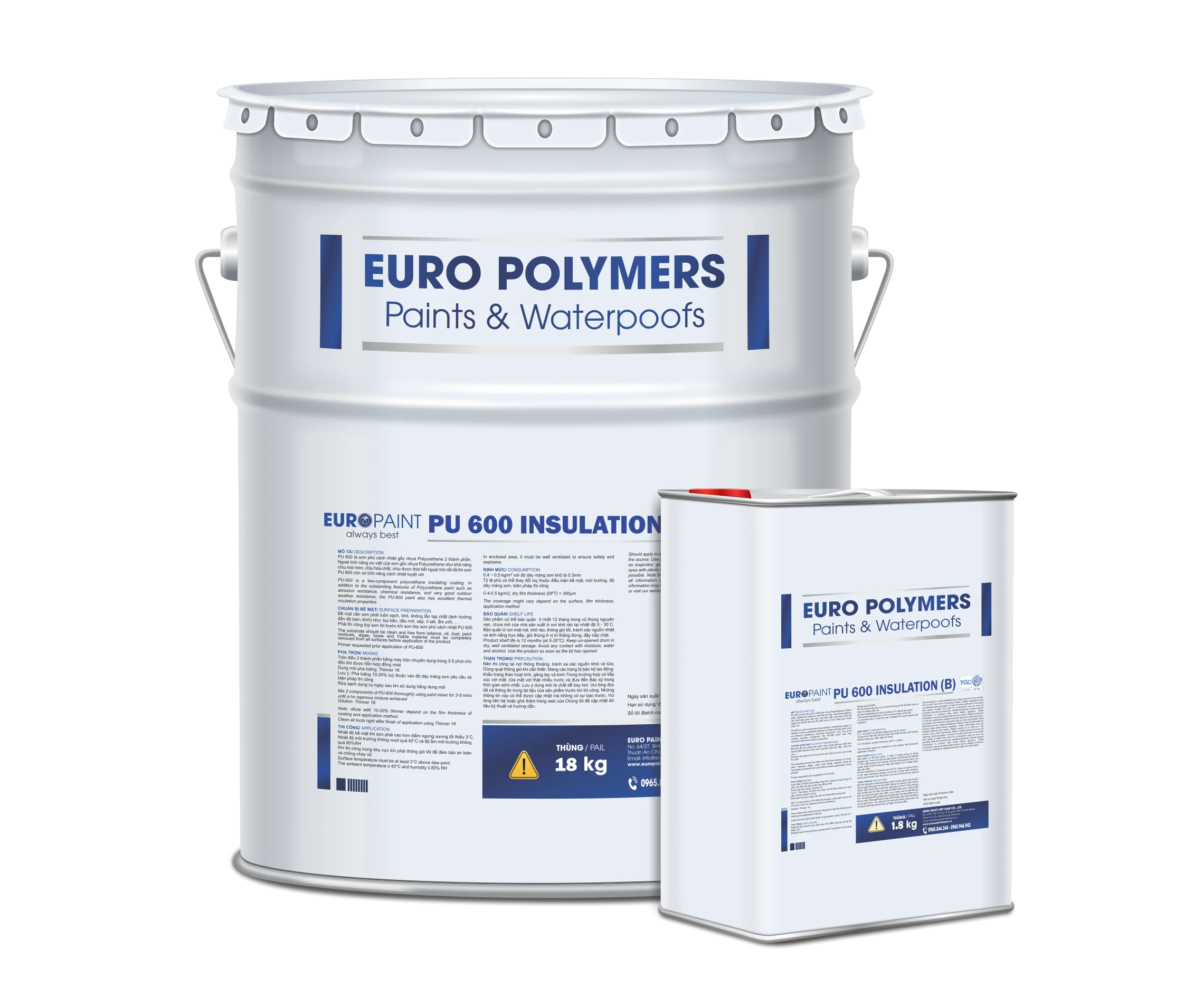 Thùng sơn chống thấm EUROPAINT PU 600 INSULATION 18kg và lon 1.8kg